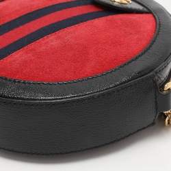 Pre Owned Gucci Black/Red Suede and Patent Mini Ophidia Round Bag