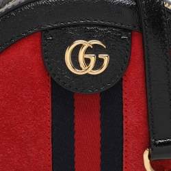 Pre Owned Gucci Black/Red Suede and Patent Mini Ophidia Round Bag