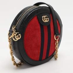 Pre Owned Gucci Black/Red Suede and Patent Mini Ophidia Round Bag