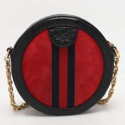 Pre Owned Gucci Black/Red Suede and Patent Mini Ophidia Round Bag
