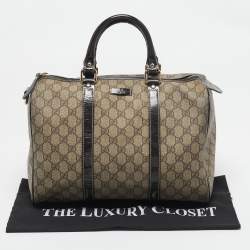 Gucci Dark Brown/Beige GG Supreme Canvas and Patent Leather Medium Joy Boston Bag