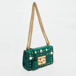 Gucci Green Leather Small Pearl Studded Padlock Shoulder Bag