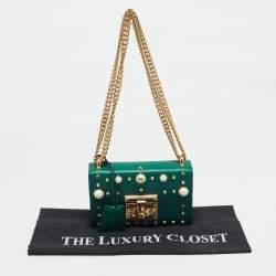 Gucci Green Leather Small Pearl Studded Padlock Shoulder Bag