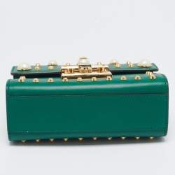Gucci Green Leather Small Pearl Studded Padlock Shoulder Bag