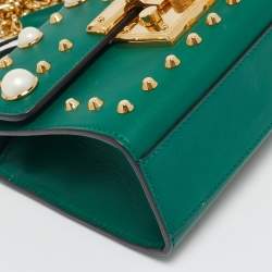 Gucci Green Leather Small Pearl Studded Padlock Shoulder Bag