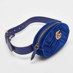 Pre Owned Gucci Blue Matelassé Velvet GG Marmont Belt Bag