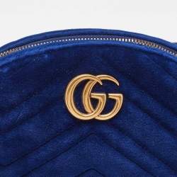 Pre Owned Gucci Blue Matelassé Velvet GG Marmont Belt Bag