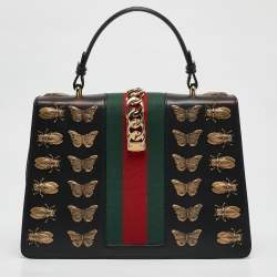 Gucci Black Leather Medium Animal Studs Sylvie Top Handle Bag
