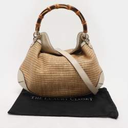 Pre Owned Gucci Beige/Cream Leather and Straw Peggy Hobo