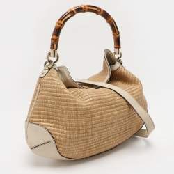 Pre Owned Gucci Beige/Cream Leather and Straw Peggy Hobo
