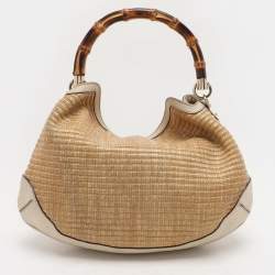 Pre Owned Gucci Beige/Cream Leather and Straw Peggy Hobo
