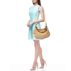 Pre Owned Gucci Beige/Cream Leather and Straw Peggy Hobo