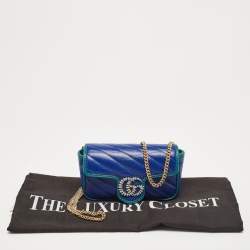 Gucci Blue/Green Diagonal Quilt Leather Super Mini GG Marmont Torchon Shoulder Bag