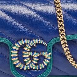 Gucci Blue/Green Diagonal Quilt Leather Super Mini GG Marmont Torchon Shoulder Bag