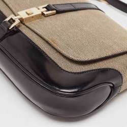 Pre Owned Gucci Black/Beige Canvas and Glossy Leather Jackie Bardot Shoulder Bag