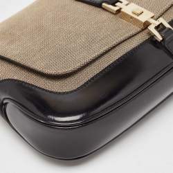 Pre Owned Gucci Black/Beige Canvas and Glossy Leather Jackie Bardot Shoulder Bag