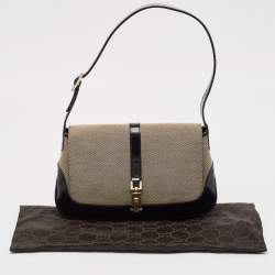 Pre Owned Gucci Black/Beige Canvas and Glossy Leather Jackie Bardot Shoulder Bag