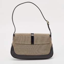 Pre Owned Gucci Black/Beige Canvas and Glossy Leather Jackie Bardot Shoulder Bag