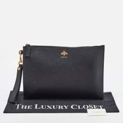 Gucci Black Leather Bee Animalier Zip Pouch