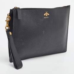Gucci Black Leather Bee Animalier Zip Pouch