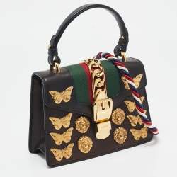 Pre Owned Gucci Black Leather Mini Animal Sylvie Top Handle Bag