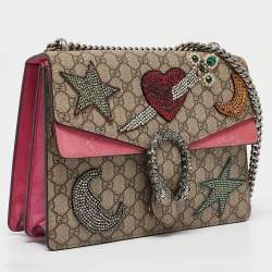 Gucci Beige/Pink GG Supreme Canvas and Suede Medium Crystals Embellished Dionysus Shoulder Bag