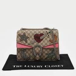 Gucci Beige/Pink GG Supreme Canvas and Suede Medium Crystals Embellished Dionysus Shoulder Bag