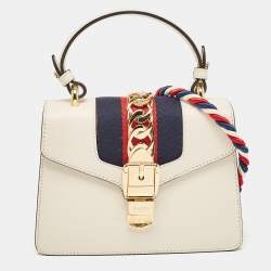 Pre Owned Gucci White Leather Mini Web Chain Sylvie Top Handle Bag
