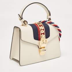 Pre Owned Gucci White Leather Mini Web Chain Sylvie Top Handle Bag
