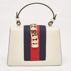 Pre Owned Gucci White Leather Mini Web Chain Sylvie Top Handle Bag