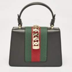Pre Owned Gucci Black Leather Mini Web Chain Sylvie Top Handle Bag