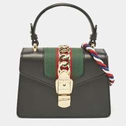 Pre Owned Gucci Black Leather Mini Web Chain Sylvie Top Handle Bag