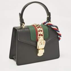 Pre Owned Gucci Black Leather Mini Web Chain Sylvie Top Handle Bag