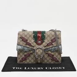 Gucci Beige GG Supreme Canvas and Suede Medium Embellished Dionysus Shoulder Bag
