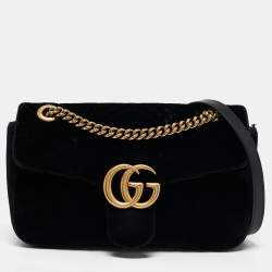 Pre Owned Gucci Black Matelassé Velvet Small GG Marmont Shoulder Bag