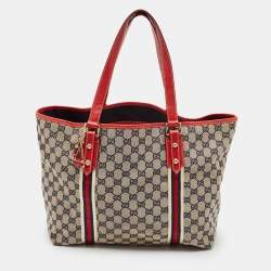 Pre Owned Gucci Beige/Red GG Canvas and Leather Jolicoeur Tote