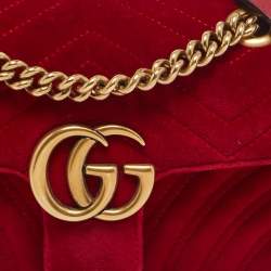 Pre Owned Gucci Red Matelassé Velvet Mini GG Marmont Shoulder Bag