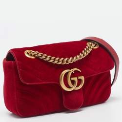 Pre Owned Gucci Red Matelassé Velvet Mini GG Marmont Shoulder Bag