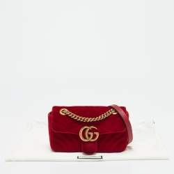 Pre Owned Gucci Red Matelassé Velvet Mini GG Marmont Shoulder Bag