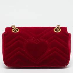 Pre Owned Gucci Red Matelassé Velvet Mini GG Marmont Shoulder Bag