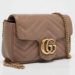 Pre Owned Gucci Beige Matelassé Leather Super Mini GG Marmont Shoulder Bag