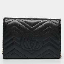 Gucci Black Matelassé Leather GG Marmont Wallet On Chain