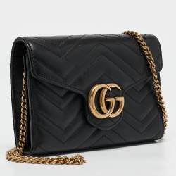 Gucci Black Matelassé Leather GG Marmont Wallet On Chain