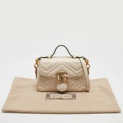 Pre Owned Gucci Off White Matelassé Leather Mini GG Marmont Top Handle Bag