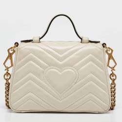 Pre Owned Gucci Off White Matelassé Leather Mini GG Marmont Top Handle Bag