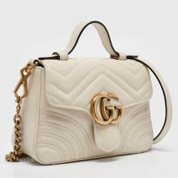 Pre Owned Gucci Off White Matelassé Leather Mini GG Marmont Top Handle Bag