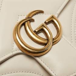 Pre Owned Gucci Off White Matelassé Leather Mini GG Marmont Top Handle Bag