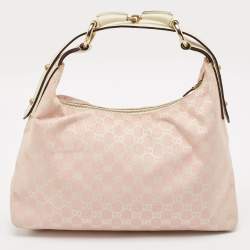 Pre Owned Gucci Pink/Off White GG Canvas Medium Horsebit Hobo