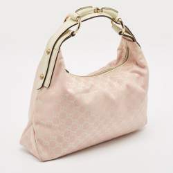Pre Owned Gucci Pink/Off White GG Canvas Medium Horsebit Hobo
