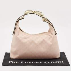 Pre Owned Gucci Pink/Off White GG Canvas Medium Horsebit Hobo